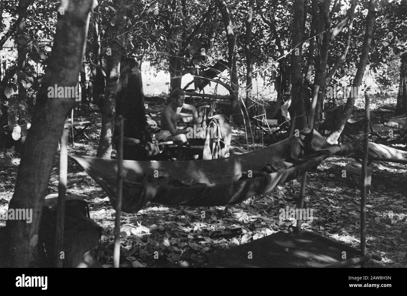 Soldats se reposant à l'ombre des arbres Date : novembre 1949 lieu : Indonésie, Java, Antilles néerlandaises de l'est Banque D'Images