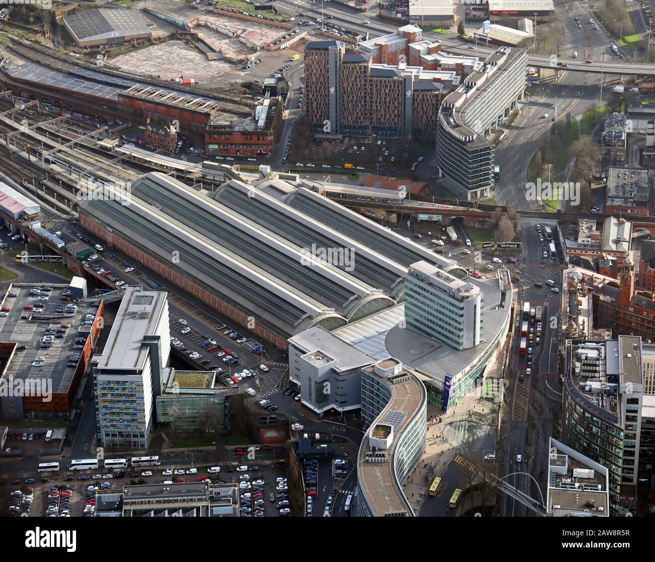 Vue aérienne sur la gare de Manchester Piccadilly Banque D'Images