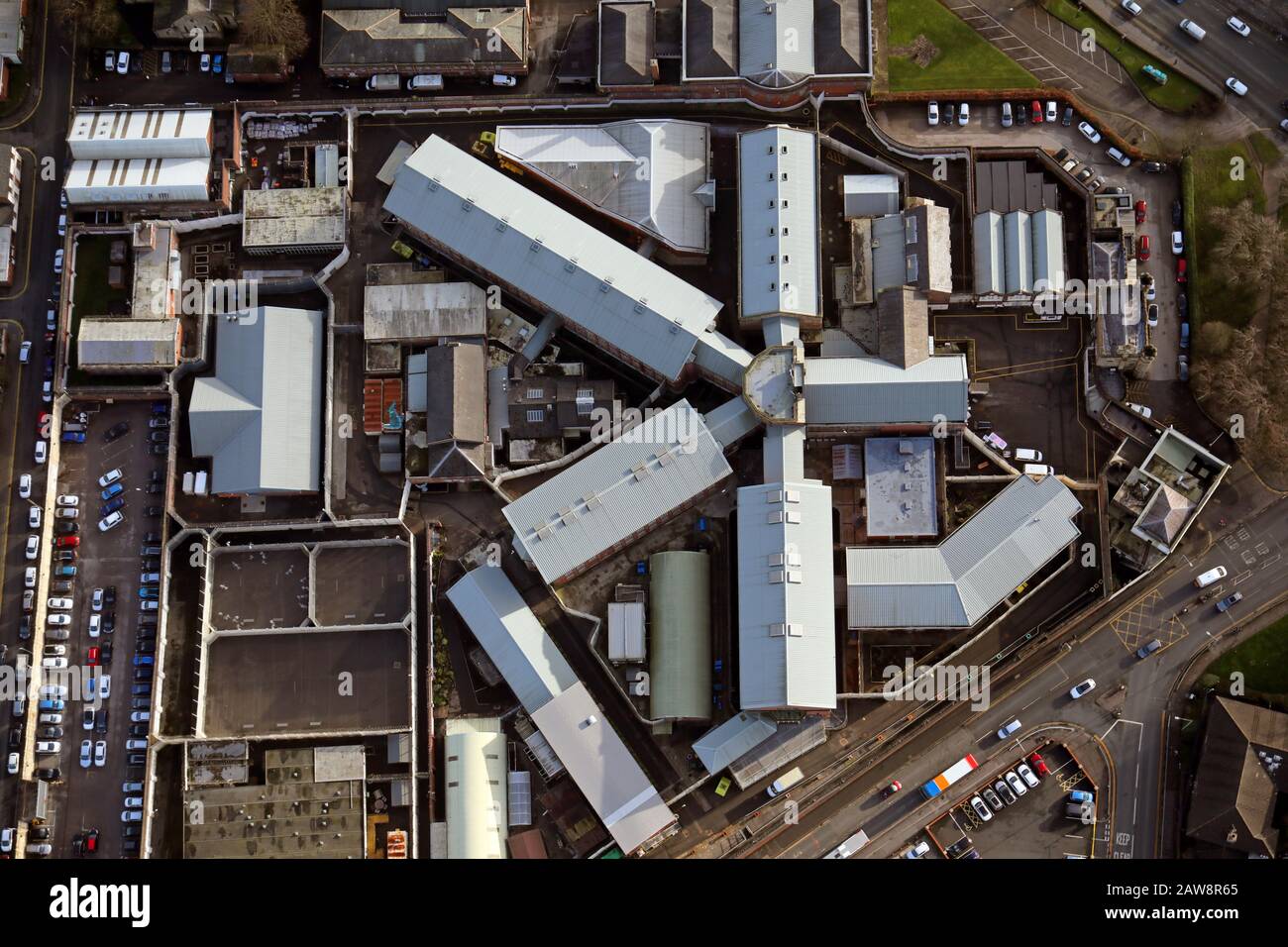 Vue aérienne verticale depuis plus de 1500' de HMP Preston, Lancashire Banque D'Images