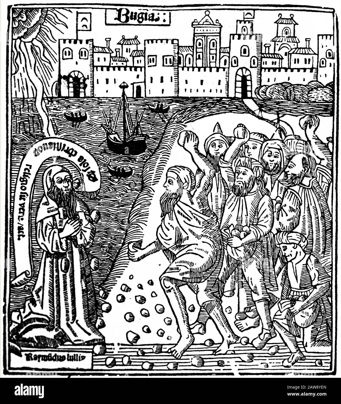 Lapidation De L'Écrivain Espagnol Ramon Llull (1235-1316), Tunis, Afrique. Gravure d'Arts inventiva veritatis, 1515. Banque D'Images