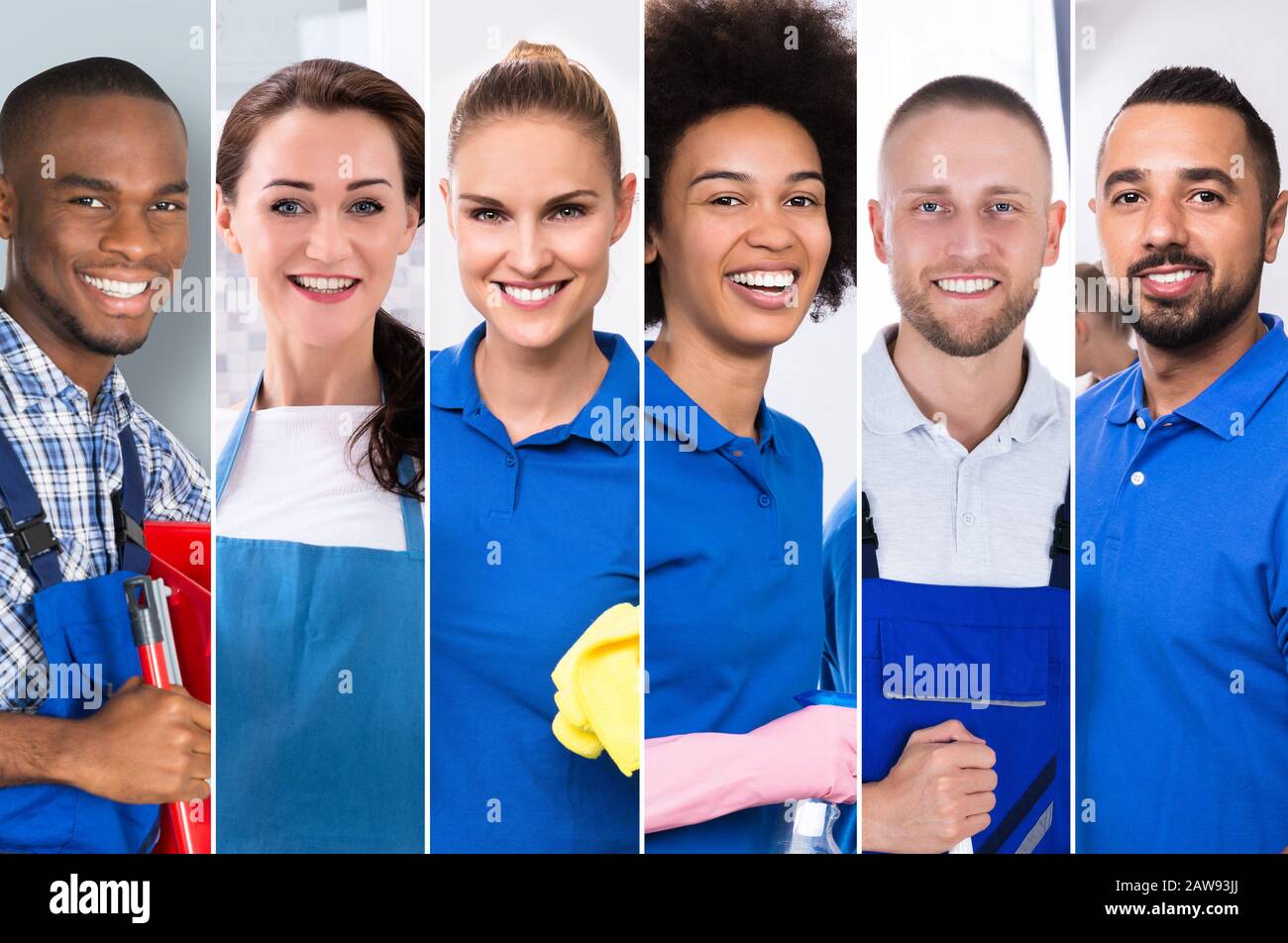 Collage de nettoyeurs professionnels. Divers groupes de personnes Portraits Banque D'Images