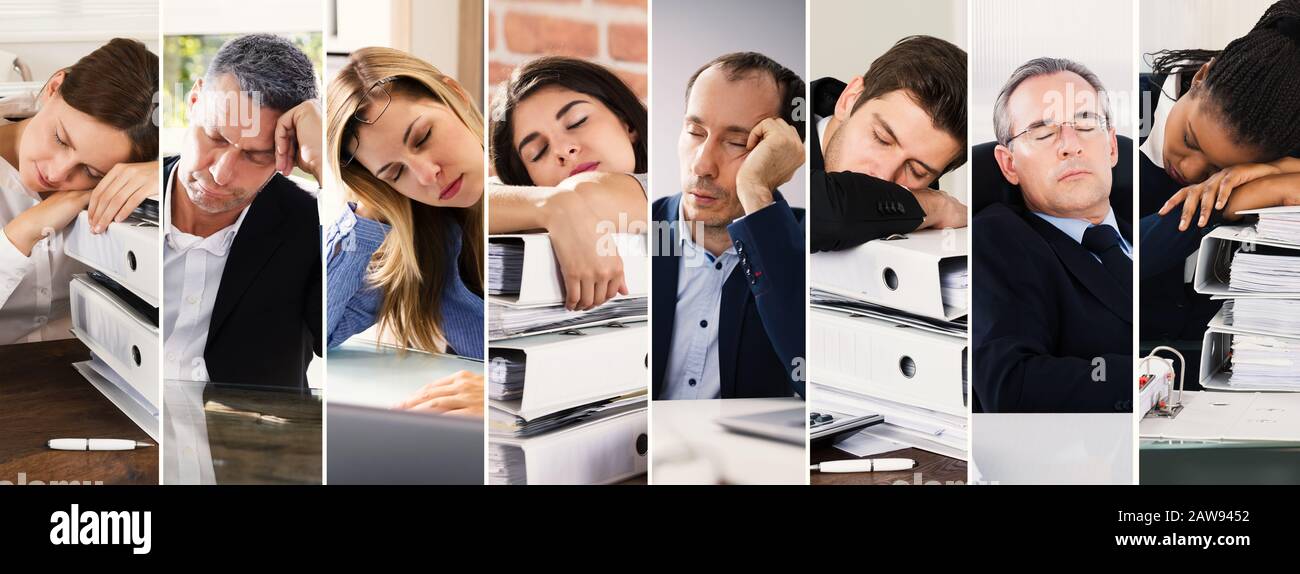 Les Employés Fatigués Ont Été Stressés Au Bureau. Groupe Diversifié De Personnes Portraits Banque D'Images