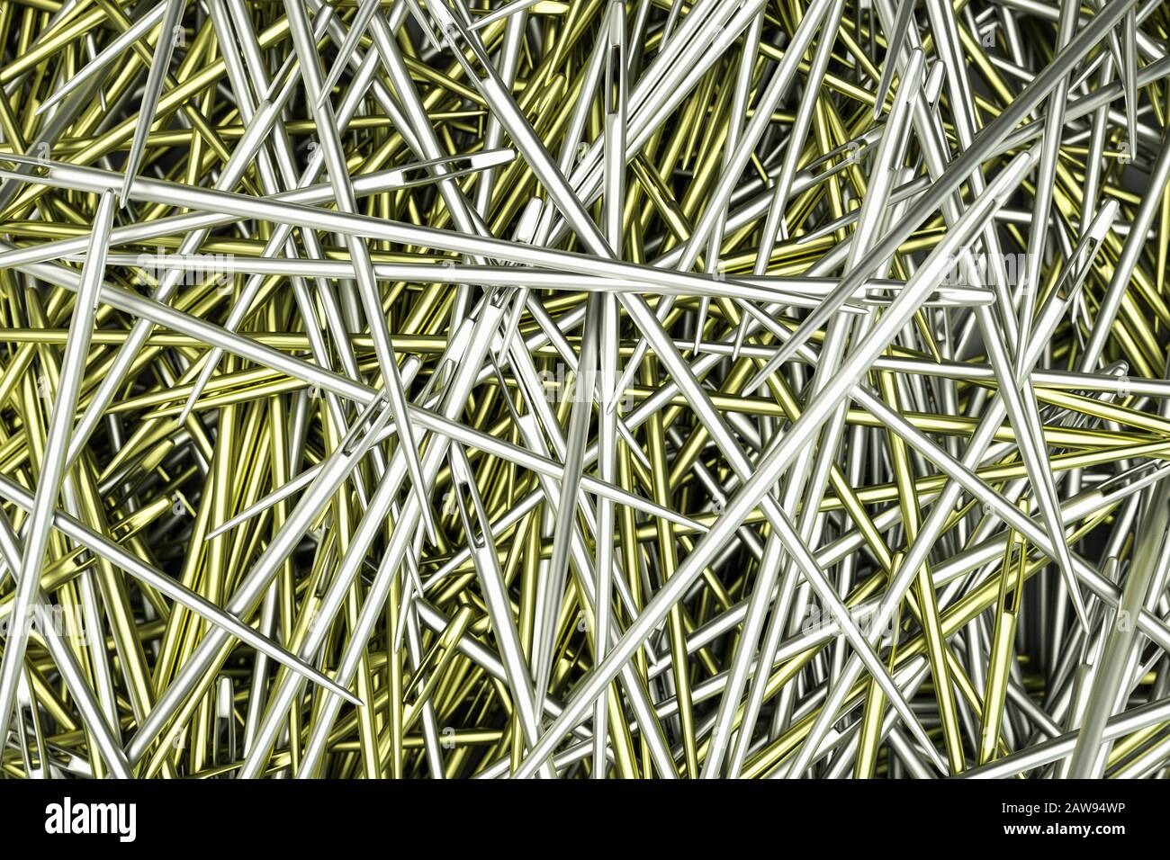 Pile d'aiguilles de couture en or et en argent près Banque D'Images