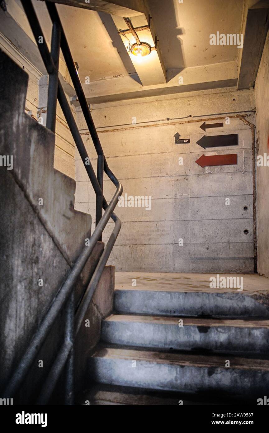 Escalier sale dans un bâtiment en béton industriel éclairé par une ampoule nue. Banque D'Images