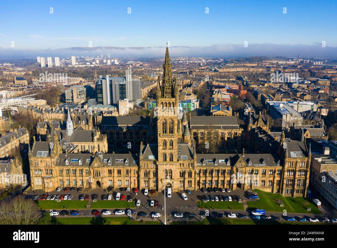 Vue aérienne des bâtiments gothiques de l'Université de Glasgow, Ecosse, Royaume-Uni Banque D'Images