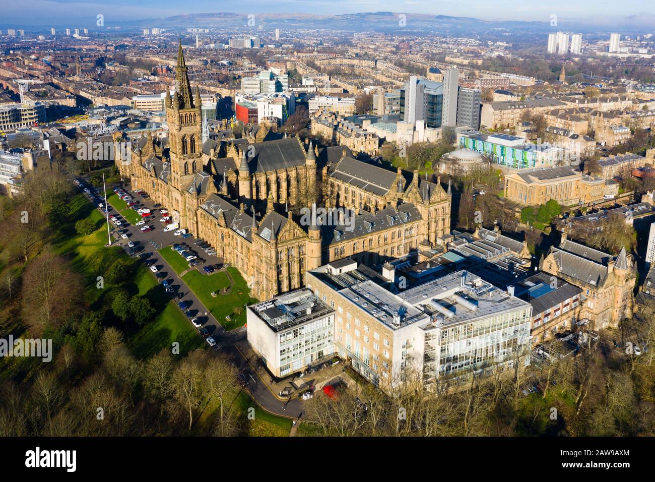 Vue aérienne des bâtiments gothiques de l'Université de Glasgow, Ecosse, Royaume-Uni Banque D'Images