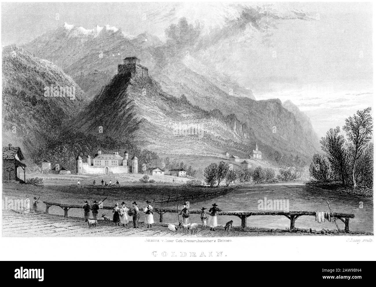 Une gravure de Goldrain (Coldrano dans le Tyrol) numérisée à haute résolution à partir d'un livre imprimé en 1836. Considéré comme libre de droits d'auteur. Banque D'Images