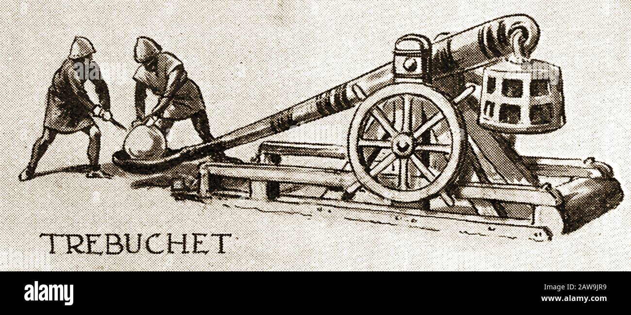 Illustration des années 1940 montrant des armes de combat historiques - Trebuchet, une machine qui utilise un bras oscillant pour lancer un projectile. C'était peut-être l'arme militaire la plus utilisée avant l'utilisation de la poudre à canon. C'est la première utilisation en Chine (vers le 4ème siècle) et a continué à être utilisé dans le monde entier jusqu'aux âges moyens. Banque D'Images
