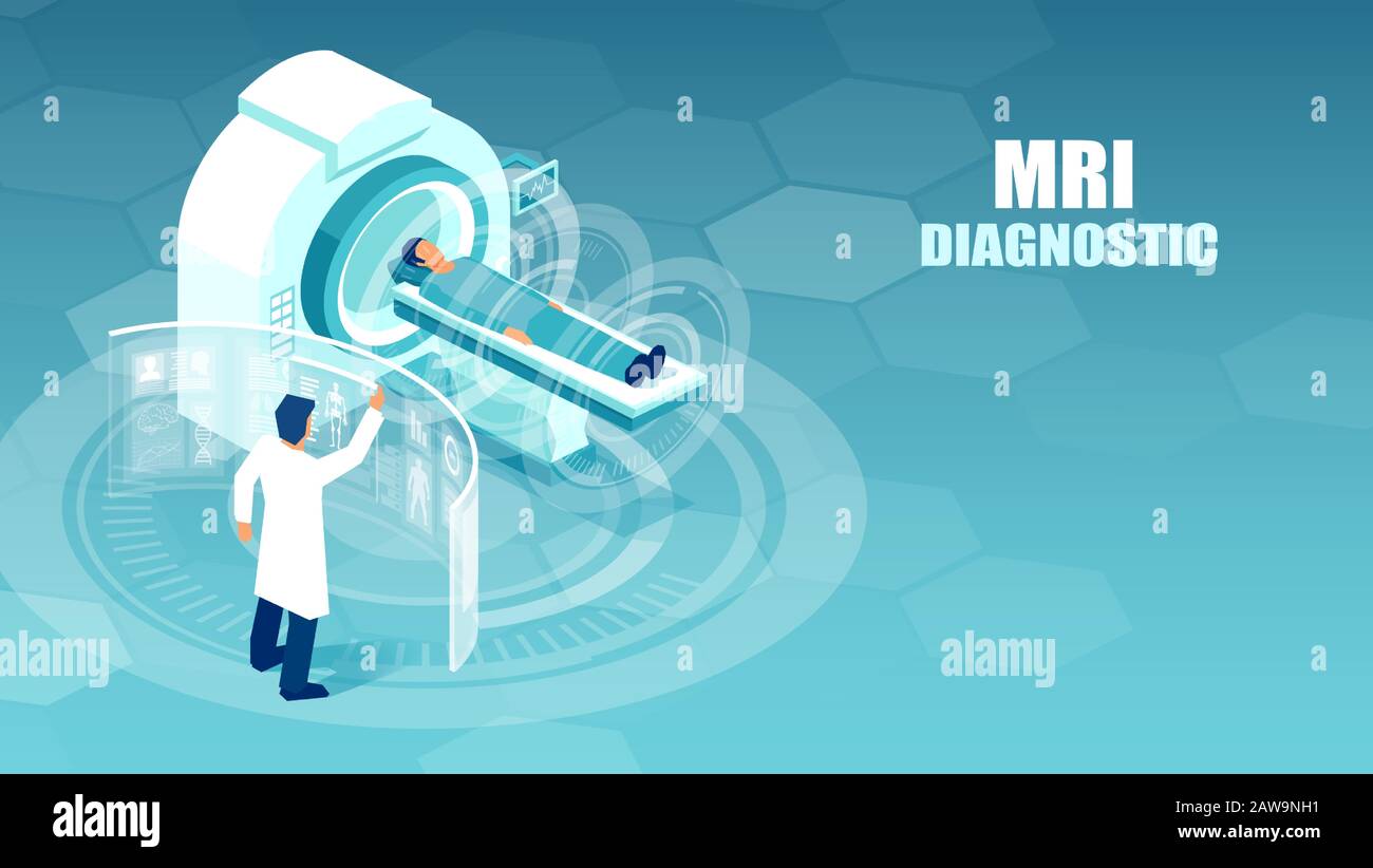 Vecteur d'un médecin effectuant des études d'imagerie par résonance magnétique sur un patient d'un hôpital. Illustration de Vecteur