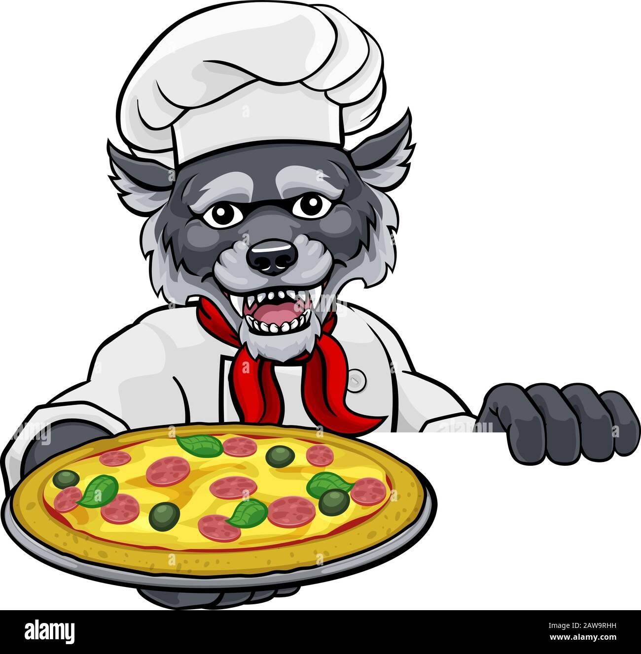 Wolf Pizza Chef Cartoon Restaurant Mascot Sign Illustration de Vecteur