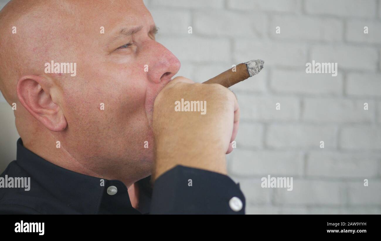 Portrait D'Affaires Confiant Le Tabagisme Détendu Un Cigare Noir, Les Hommes D'Affaires Le Style De Vie De Luxe Banque D'Images