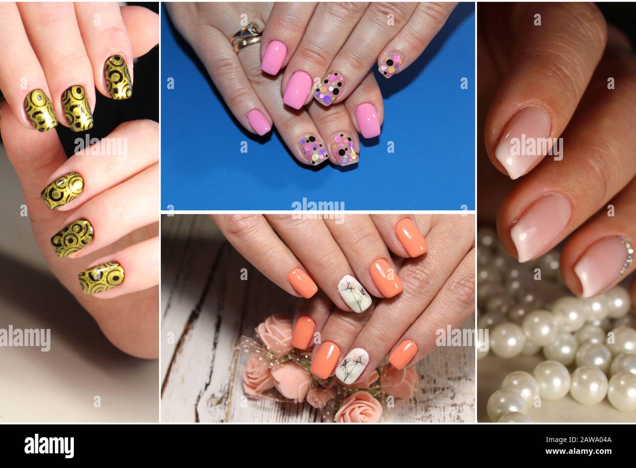 Une gamme diversifiée de nail design.couleur uni manucure avec vernis brillant.Collage de nail art. Banque D'Images