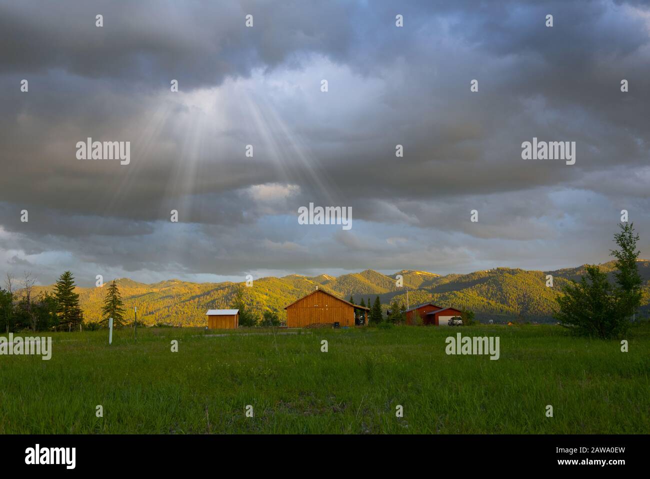 Nuages sombres de tempête sinistre au-dessus de la zone résidentielle avec de l'herbe au premier plan et des montagnes éloignées baignées de rayons du soleil Banque D'Images