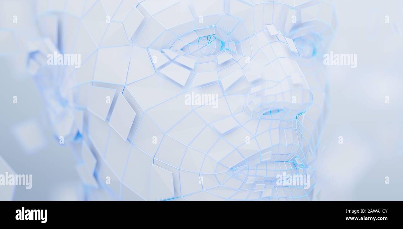 Visage humain polygonal abstrait, illustration tridimensionnelle d'une construction de tête de cyborg, concept d'intelligence artificielle Banque D'Images
