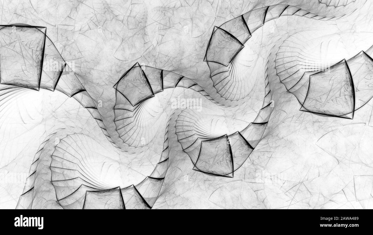 Rectangles volants dans la texture inversée noire et blanche fractale en spirale, carte d'intensité abstraite générée par ordinateur, rendu tridimensionnel Banque D'Images