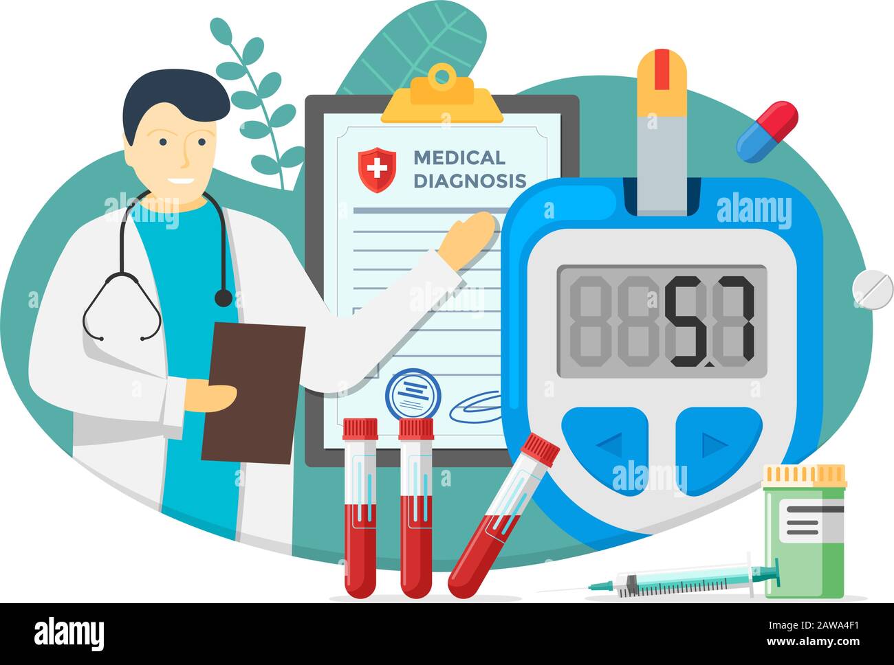 Médecin avec glucomètre pour mesurer le taux de sucre et le diabète diagnostic médical formulaire vierge. Glucomètre diabétique avec pilules et tubes à essai. Équipement de test de laboratoire et illustration de la seringue Illustration de Vecteur