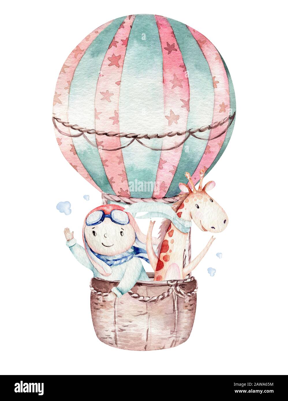Jeu de Ballon aquarelle bébé mignon cartoon illustration aviation pilote de transport sky. ballons avec la girafe et l'éléphant, le koala, l'ours et d'oiseaux, cloud. c Banque D'Images