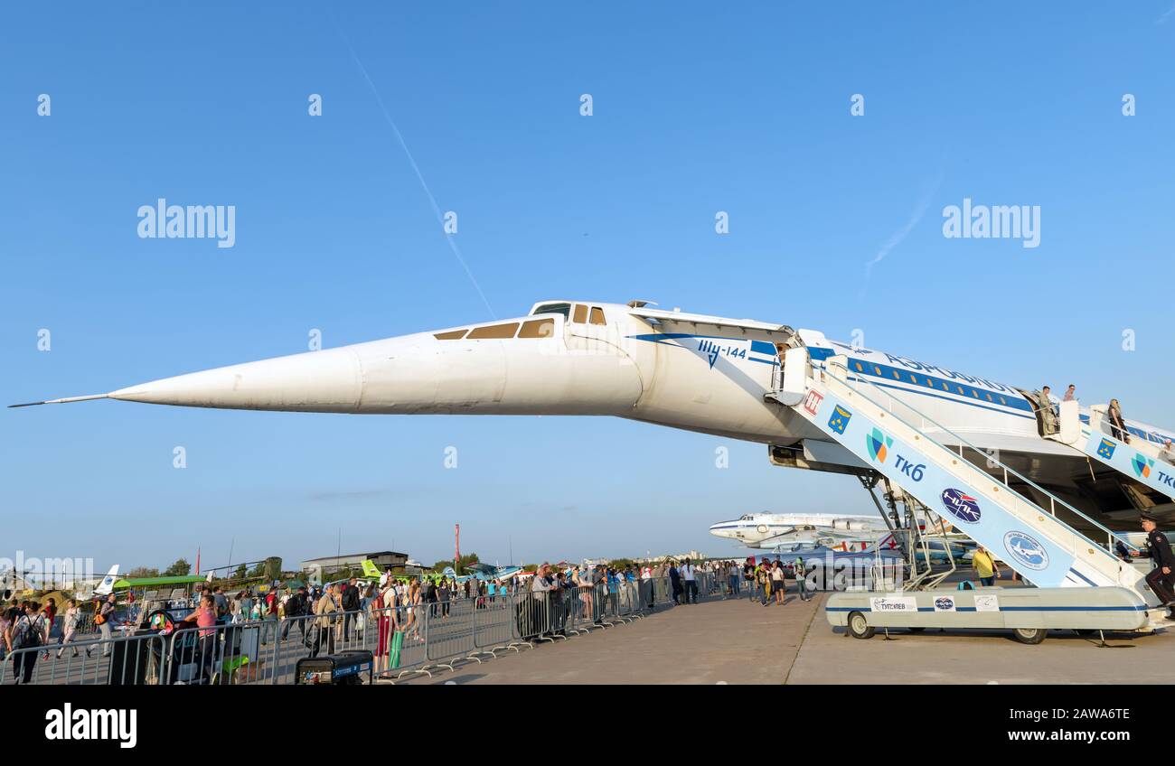 30 Août 2019 Zhukovsky, Russie. Avion de passagers supersoniques soviétiques Tupolev Tu-144 au salon international de l'aviation et de l'espace MAKS 2019. Banque D'Images