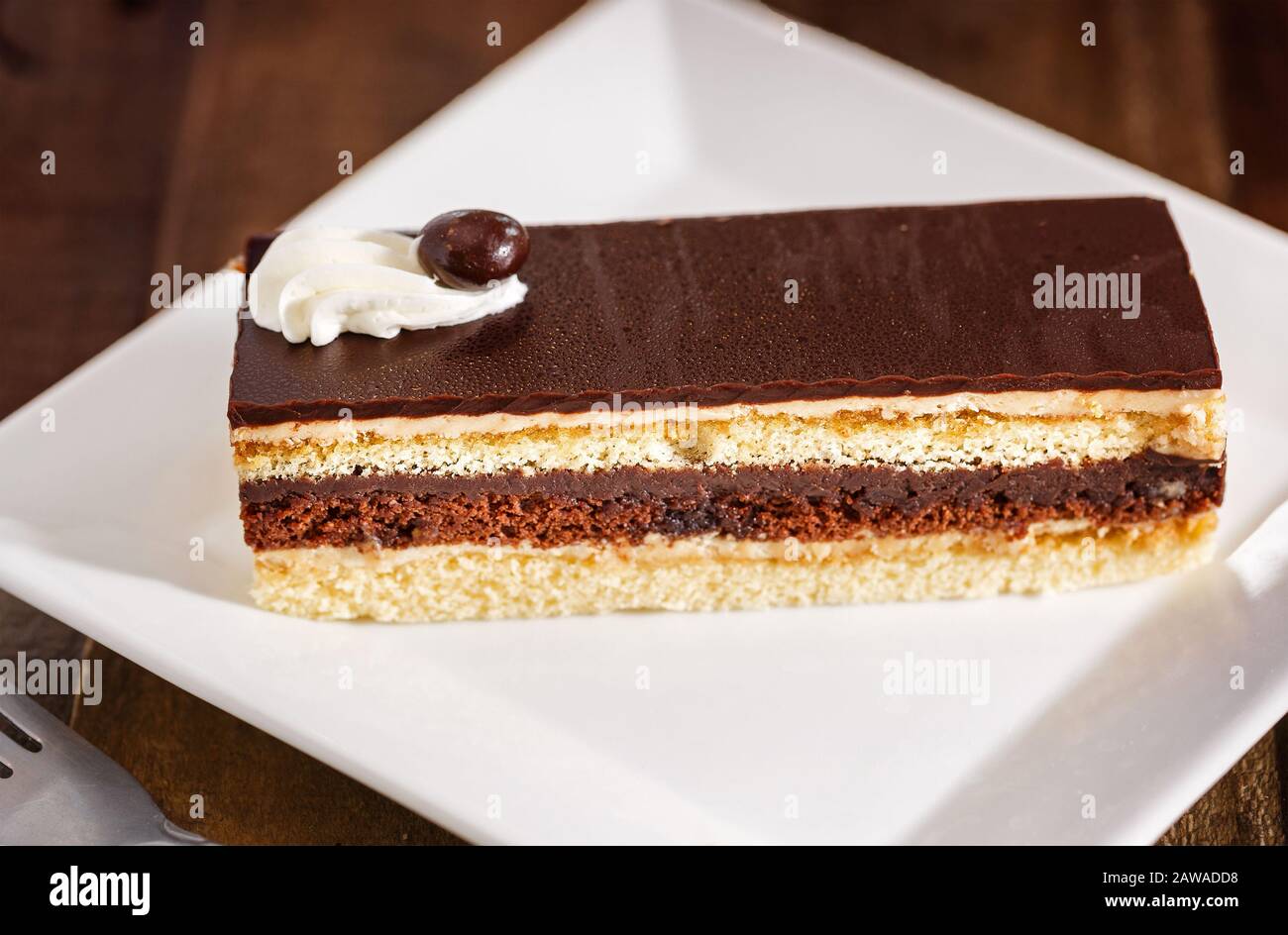 Gâteau de l'Opéra sur une plaque blanche Banque D'Images
