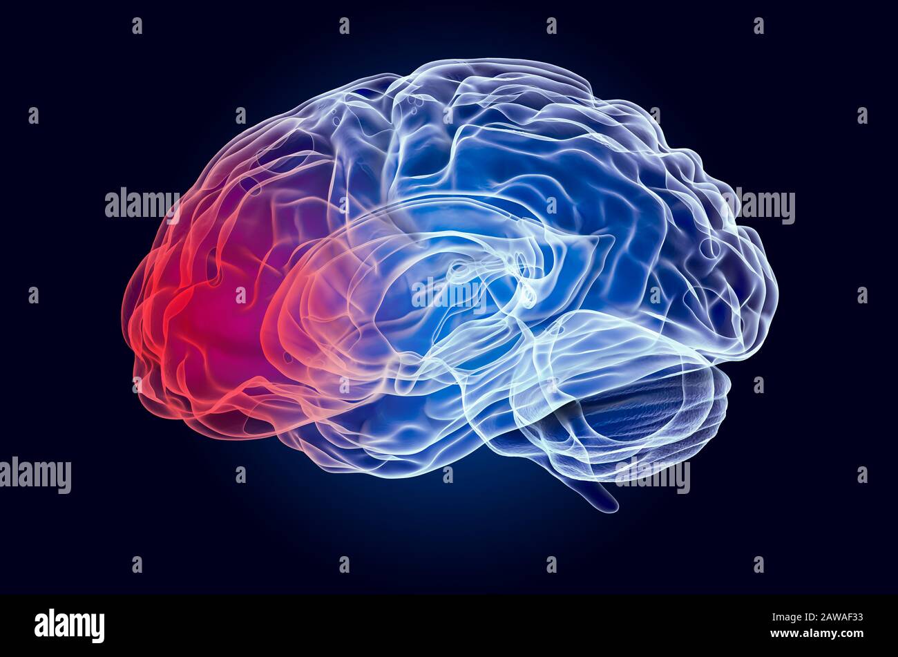 Concept de maladie du cerveau. Effet de lumière fantôme, hologramme de rayons X. Rendu tridimensionnel sur fond bleu foncé Banque D'Images