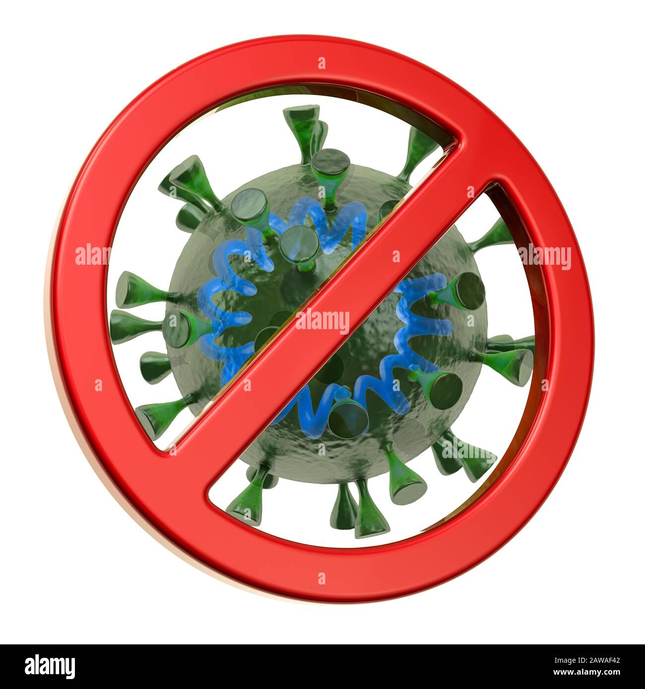 Coronavirus avec arn génomique à l'intérieur du signe interdit. Rendu 3D isolé sur fond blanc Banque D'Images