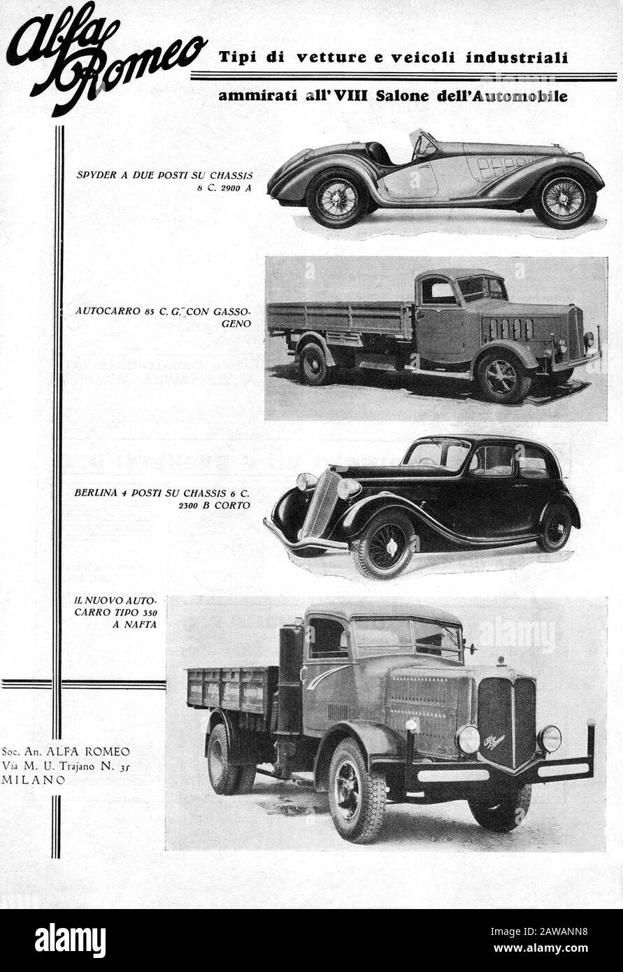 1935 , MILAN , ITALIE : L'industrie automobile italienne ALFA ROMEO publicité . - VEICOLI INDUSTRIALI - automobile - automobiles - automobiles - automobile - industriel - pub Banque D'Images