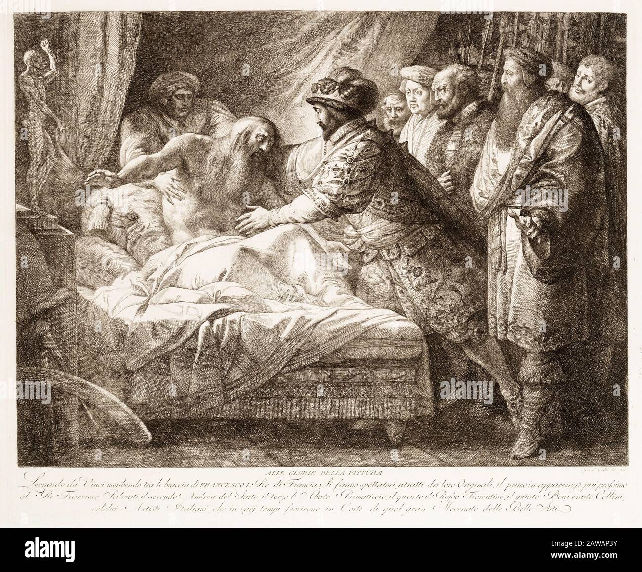 1790 CA : Gravure ' LA MORT DE LEONARDO - L'ALLÉGORIE DE LA PEINTURE ' ( XVIII siècle ), gravée par l'artiste italien Giuseppe Cades ( 1750 – 1799 ), Banque D'Images