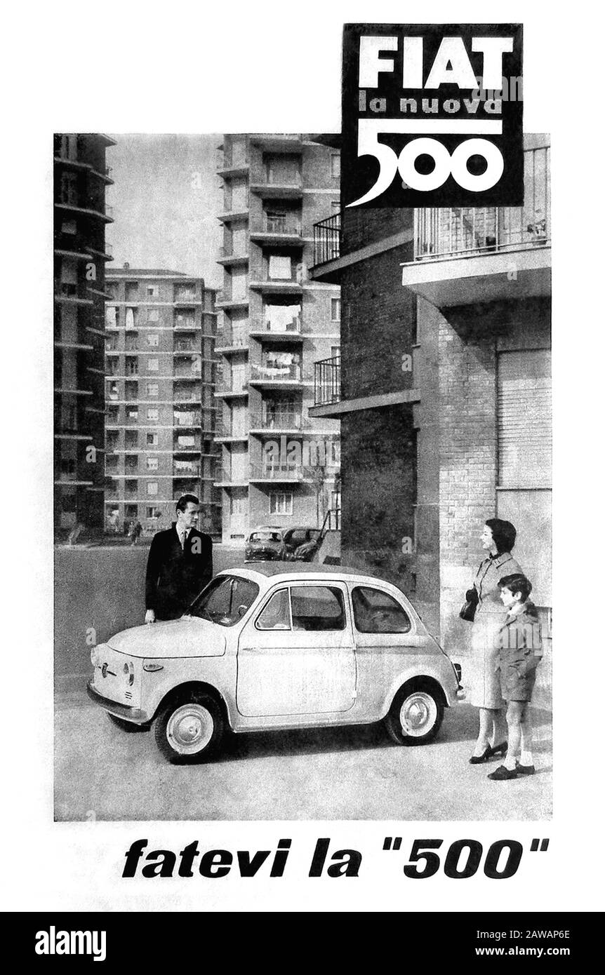 1959 CA,TURIN , ITALIE : L'industrie automobile italienne FIAT ( F.I.A.T. Fabbrica Italiana Automobili Torino ) publicité pour FIAT 500 . - auto - automo Banque D'Images