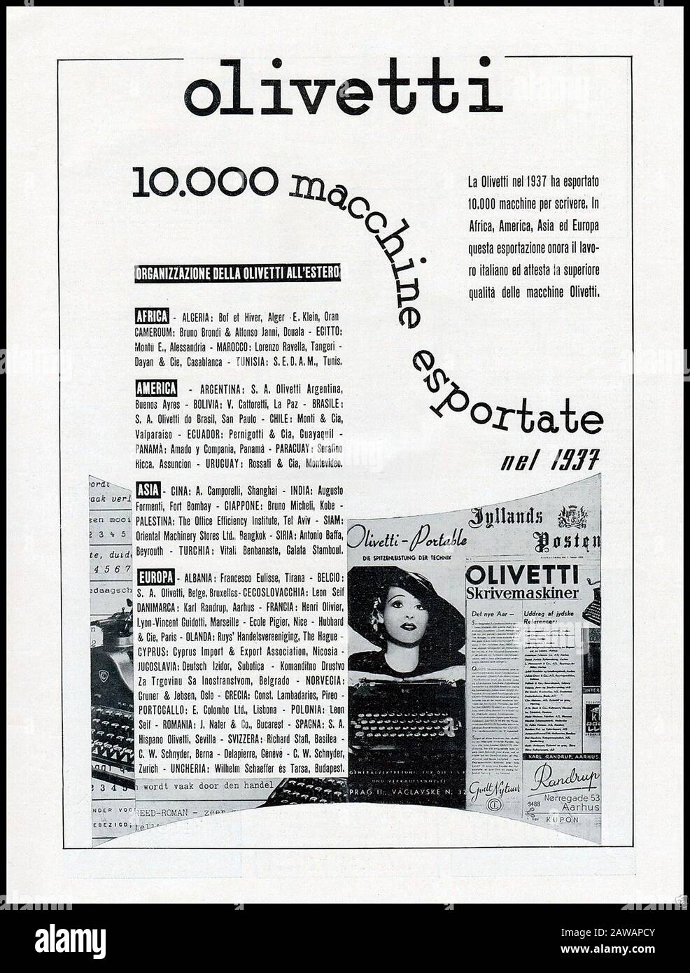 1938 , ITALIE : Publicité pour OLIVETTI typermachine . Exported pendant la 1937 dans le monde 10.000 machines à écrire . - ESPORTAZIONE - ESPORTAZIONI Banque D'Images