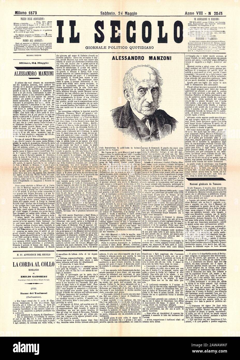 1873 , ITALIE : l'écrivain et poète italien ALESSANDRO MANZONI ( 1785 - 1873 ) . Journal italien annulisant la mort de Manzoni , il SECOLO 24 mai 18 Banque D'Images