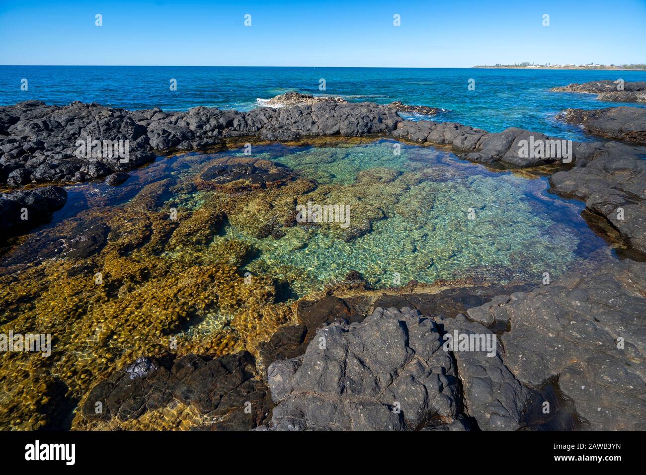 Piscine de roche exposée sur une étagère de roche à marée basse. Barolin Rocks, Woongarra Marine Park, Burnet Coast Queensland Australie Banque D'Images