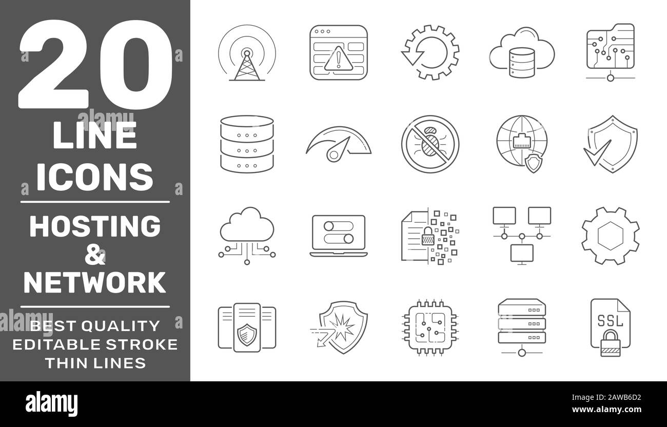 Icônes vectorielles de ligne hébergement réseau et serveurs. Contour Modifiable. SPE 10 Illustration de Vecteur