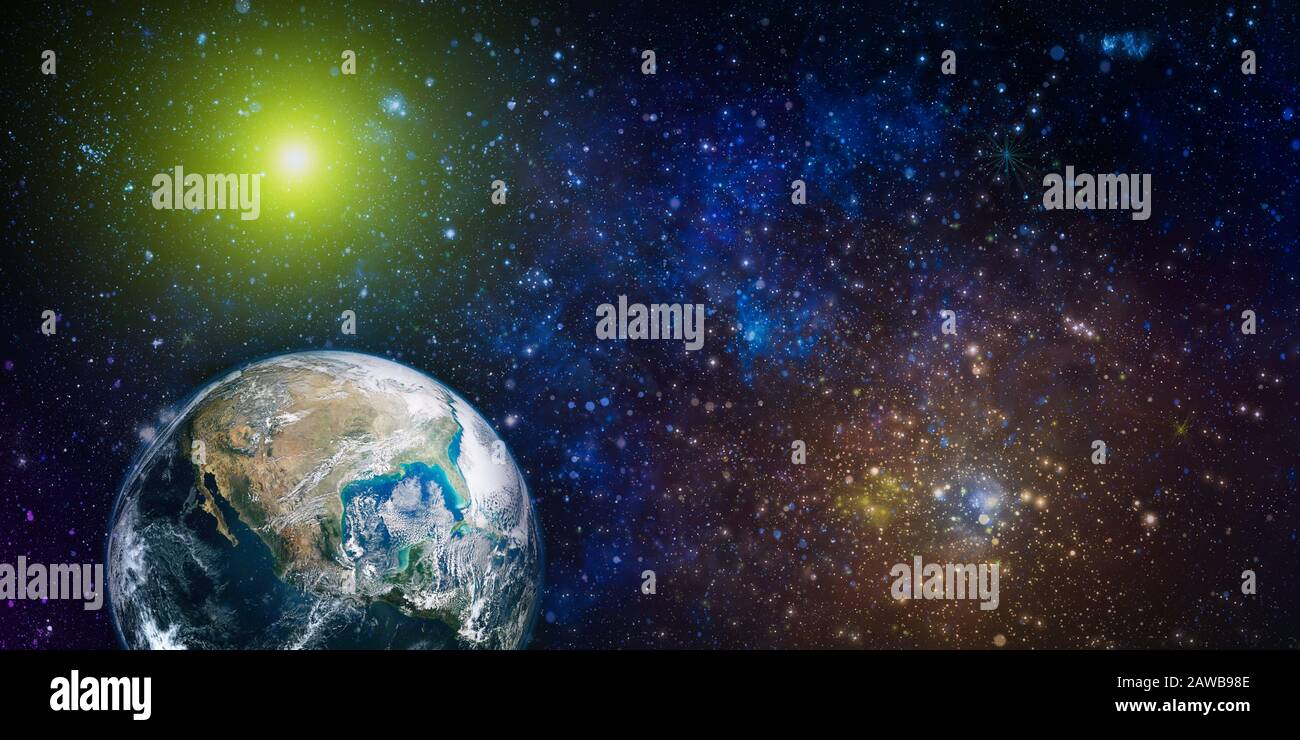 Belle Terre . Vue panoramique sur la Terre, le soleil, l'étoile et la galaxie. Lever du soleil sur la planète Terre, vue de l'espace . Éléments de cette image fournie par Banque D'Images