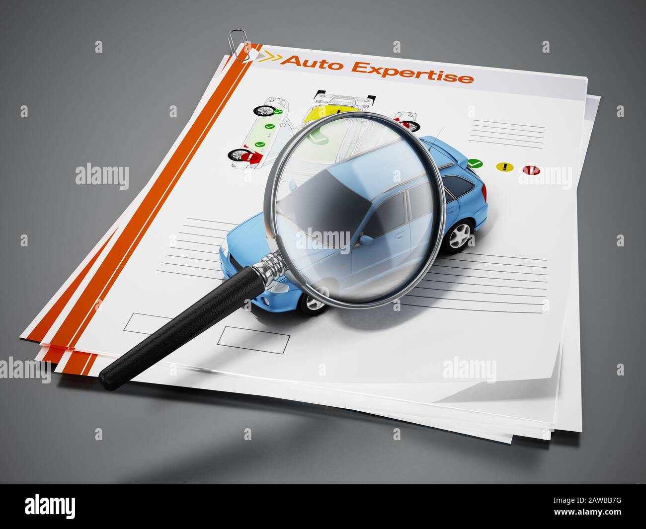 Concept d'expertise automatique. Loupe sur le modèle de voiture avec résultats de test. Illustration tridimensionnelle. Banque D'Images