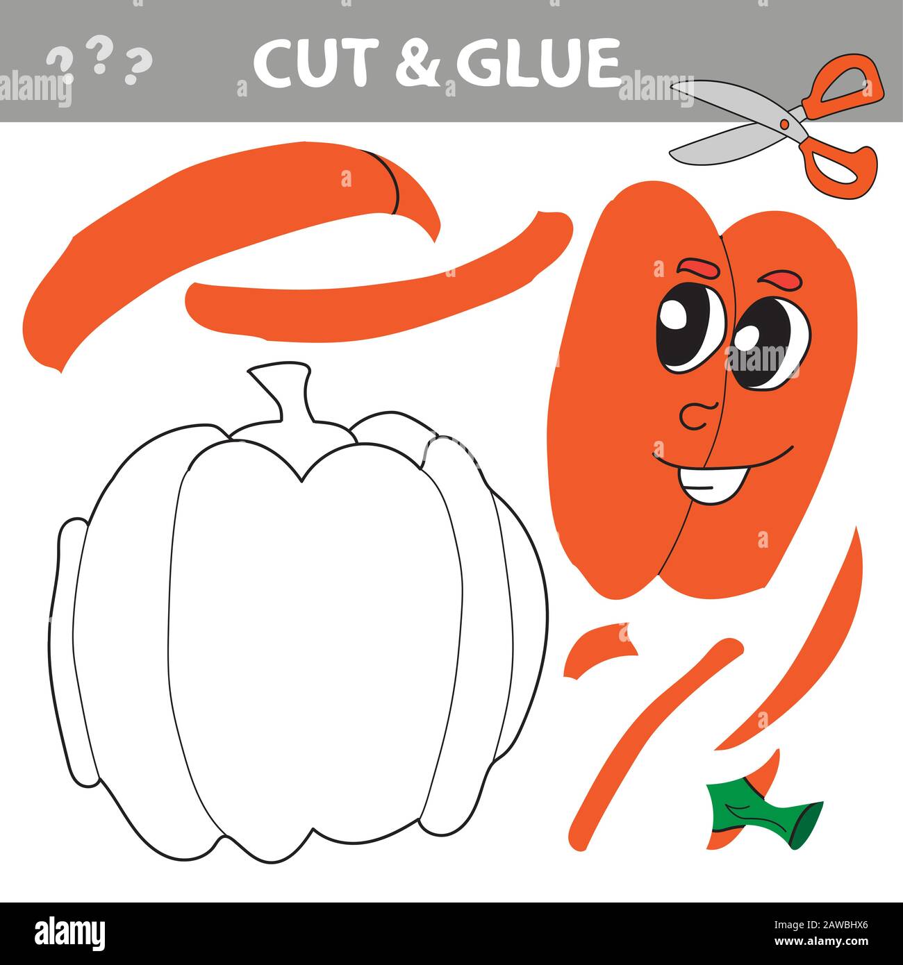 Citrouille orange avec feuilles vertes. Jeu de papier d'éducation pour enfants en préhool. Illustration vectorielle.Couper et coller Illustration de Vecteur