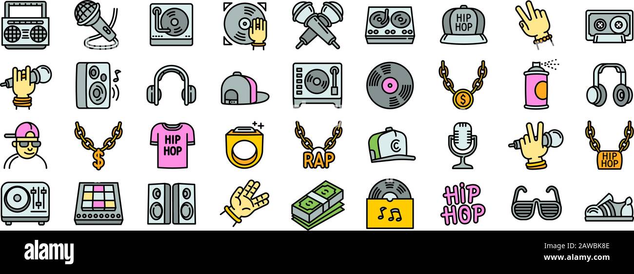 Les icônes hiphop sont définies. Ensemble de contours d'icônes vectorielles hiphop pour la conception Web isolée sur fond blanc Illustration de Vecteur