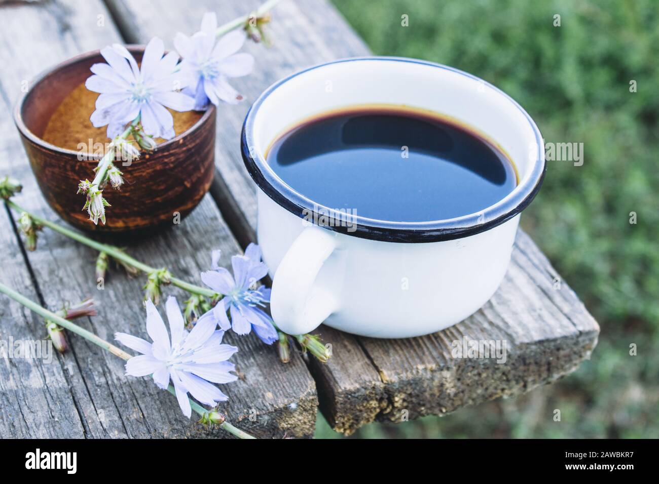 Tasse avec boisson à la chicorée et fleurs de chicorée bleue sur une table en bois. Poudre de chicorée. Concept de saine alimentation. Succédanés du café. Banque D'Images