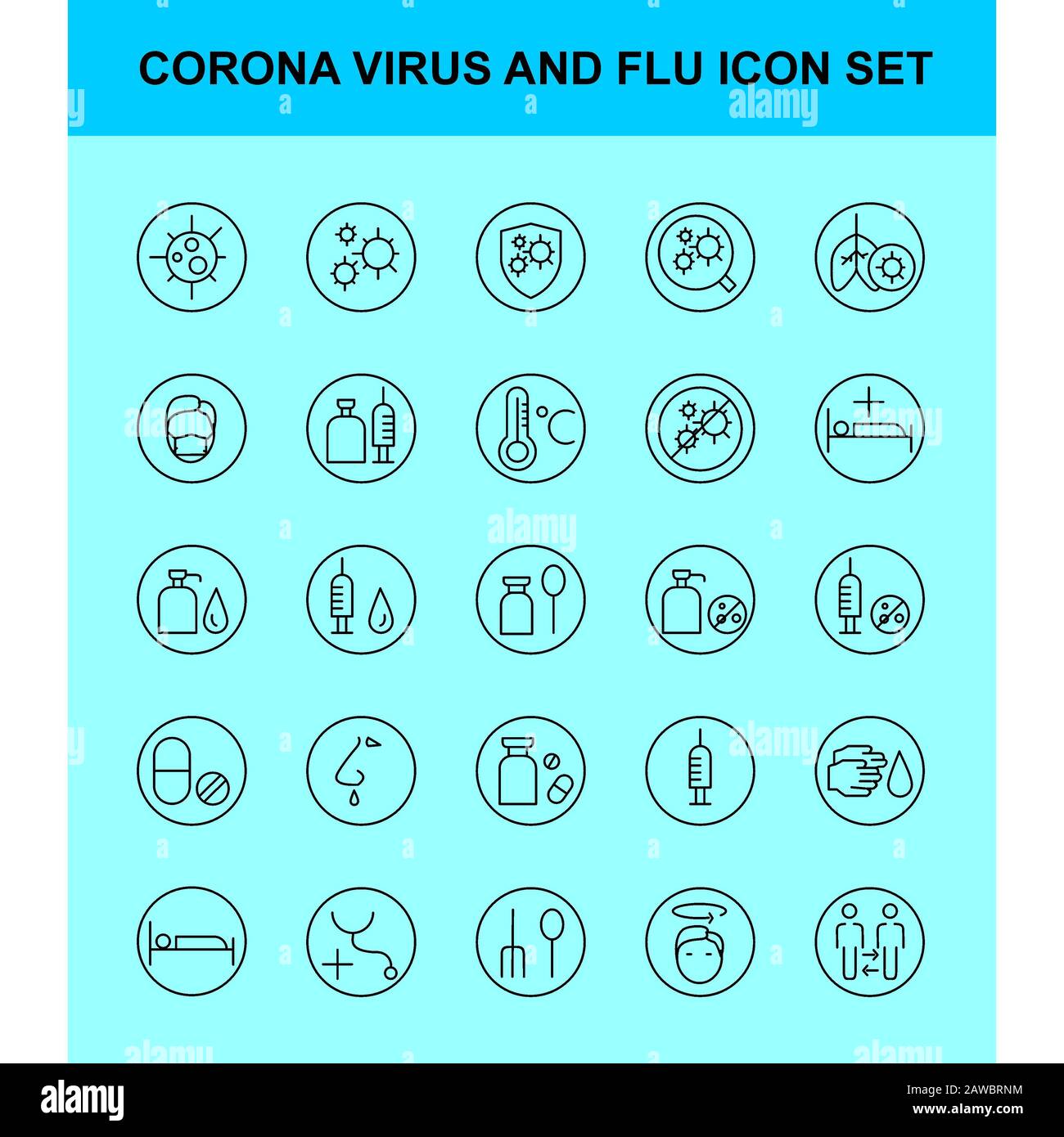 Ensemble d'icônes de virus et de grippe Corona. Style de contour. Virus, corona, poumon, lavage, main, bouteille, comprimé, vaccin, lit, repos, anti-virus, propagation, grippe, feve Banque D'Images