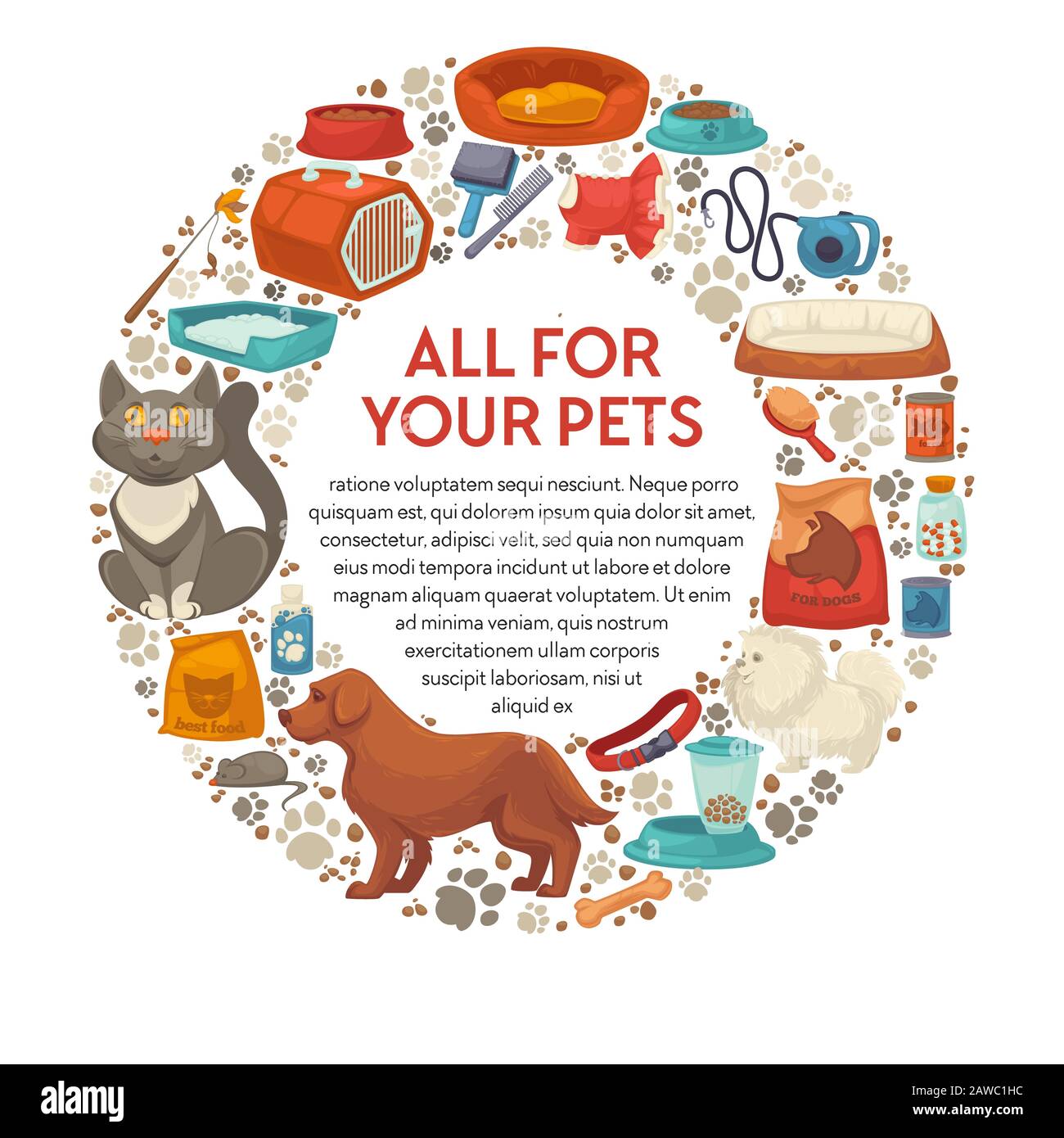 Produits alimentaires et de soin pour chiens et chats, magasin pour animaux de compagnie ou magasin vétérinaire Illustration de Vecteur