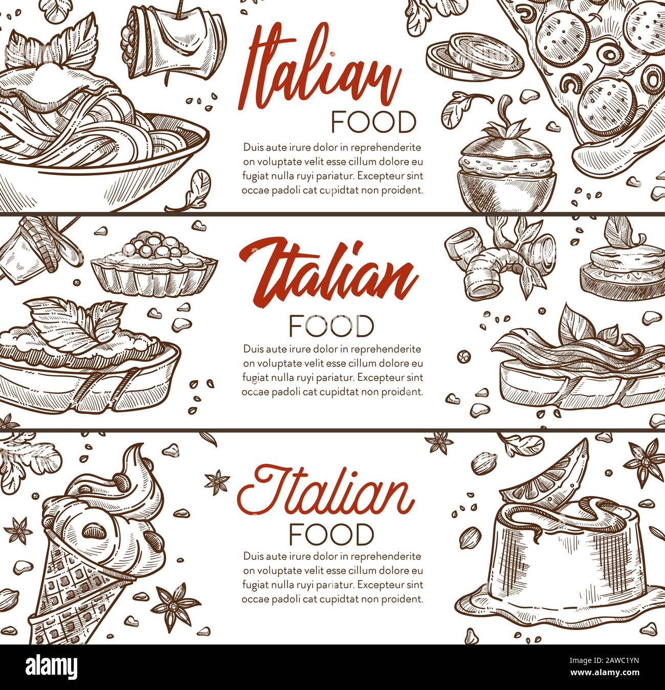 Pâtes et pizzas, menu de cuisine italienne, plats italiens Illustration de Vecteur