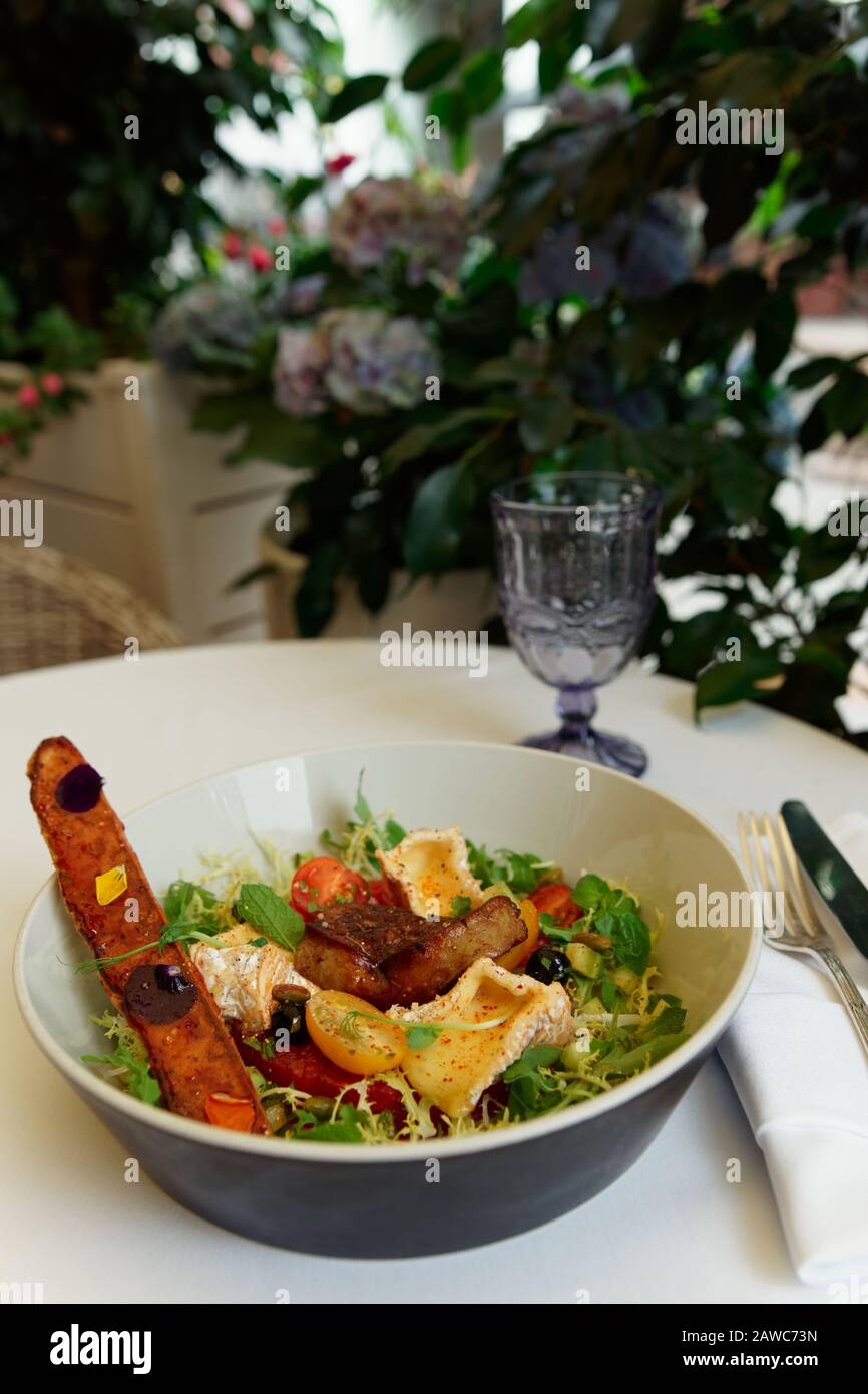 Apéritif de foie gras frit, fromage camembert et pain sucré sur le patio vert d'été Banque D'Images