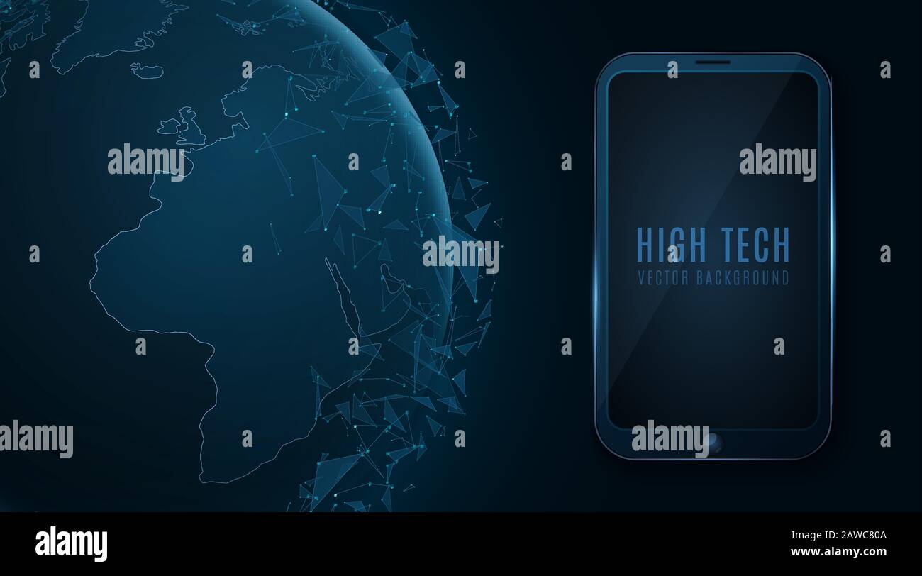 Smartphone moderne et monde mondial futuriste. Planète abstraite Terre et technologie moderne. Triangles en plexus brillant. Illustration vectorielle. SPE 10 Illustration de Vecteur