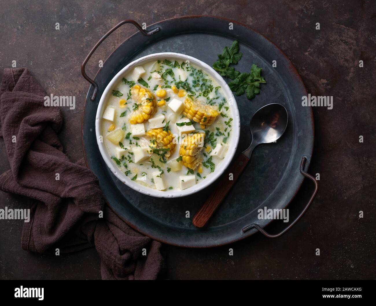 Soupe de poulet au fromage et au maïs, Chupe de pollo, cuisine vénézuélienne typique Banque D'Images