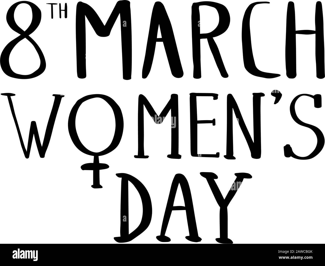 8 mars Journée de la femme lettres dessinées à la main isolées sur fond blanc. Vector Outline vacances texte.Belles cartes d'arrière-plan pour le message d'accueil, invité Illustration de Vecteur