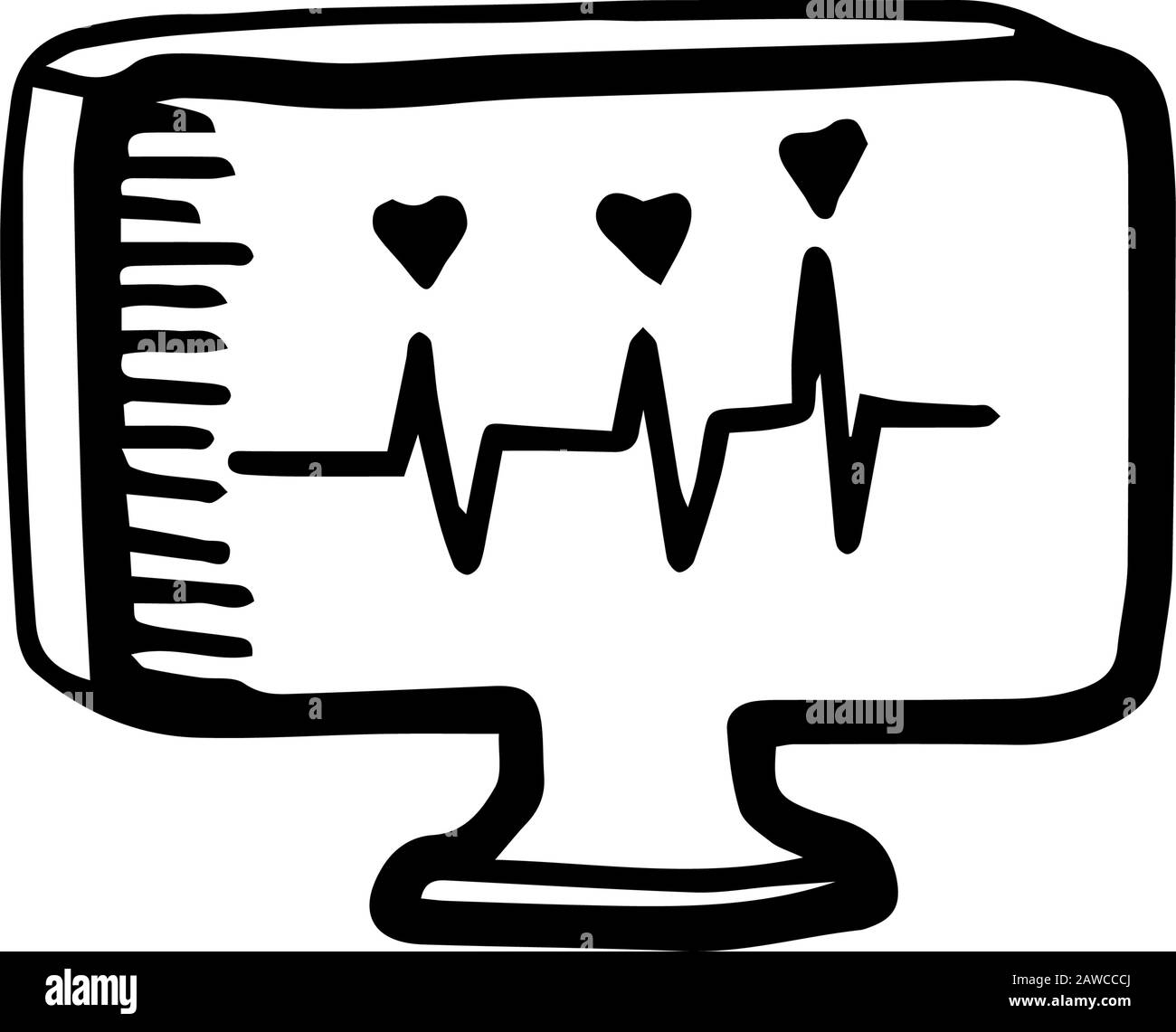 Vérifiez les battements cardiaques à l'aide de l'ECG.moniteur de fréquence cardiaque de style doodle dessiné à la main isolé sur fond blanc.électronique médicale. Contour du brut vectoriel illu Illustration de Vecteur