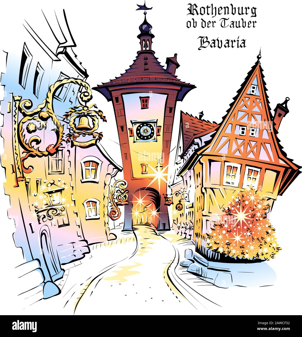 Esquisse de couleur vectorielle de Noël Plonlein dans la vieille ville médiévale de Rothenburg ob der Tauber, Bavière, partie de la route romantique à travers le sud de l'Allemagne Illustration de Vecteur