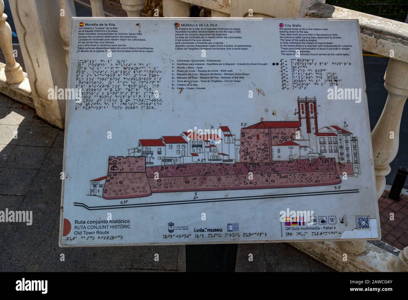 Diagramme historique de la vieille ville et des fortifications de Vilajoyosa, Villajoyosa, Alicante, Costa Blanca, Espagne Banque D'Images