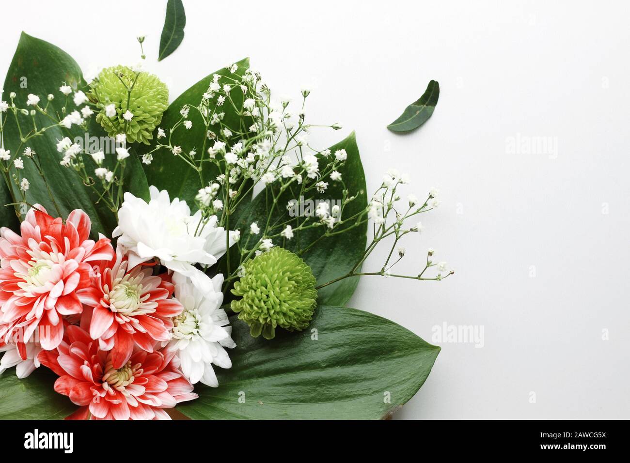 Coeur gonflant. Gros bouquet de fleurs printanières pour des salutations isolées sur fond blanc. Copyspace. Pétales et feuilles, blo lumineux et tendre Banque D'Images