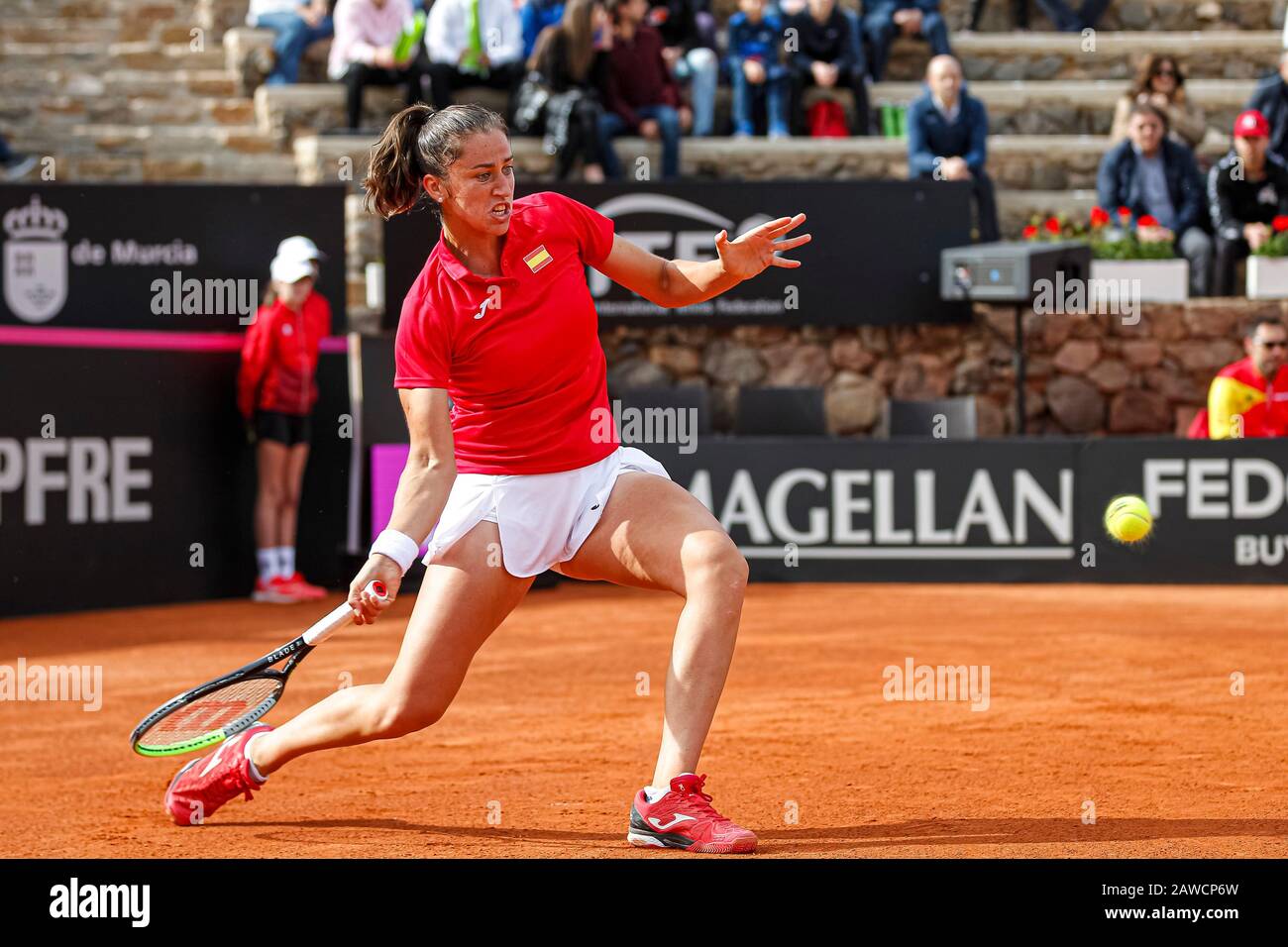 Carthagène, Espagne. 7 février 2020. Joueur espagnol, Sara Sorribes gagne à Naomi Osaka, dans le premier match entre l'Espagne et l'équipe nationale du Japon pour FedCup BNP Paribas. Sara Sorribas pendant le match. Crédit: Abel F. ROS/Alay Live News Banque D'Images