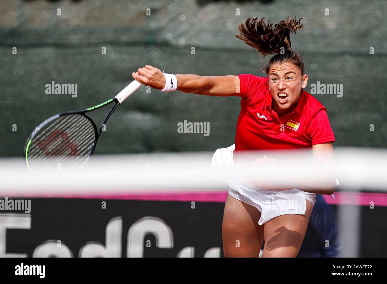 Carthagène, Espagne. 7 février 2020. Joueur espagnol, Sara Sorribes gagne à Naomi Osaka, dans le premier match entre l'Espagne et l'équipe nationale du Japon pour FedCup BNP Paribas. Sara Sorribas pendant le match. Crédit: Abel F. ROS/Alay Live News Banque D'Images